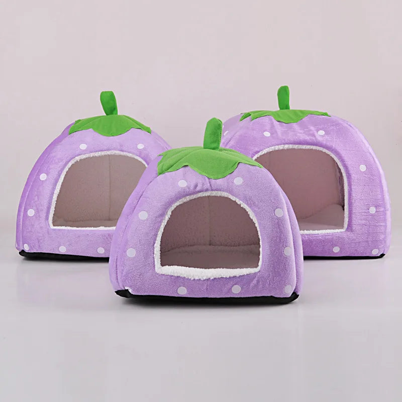 Soft Cat House Foldable Leopard Strawberry Shape Lovely Dog Bed Warm Puppy Kitten Bed Tent Cute Pet Cat Dog Cave Nest