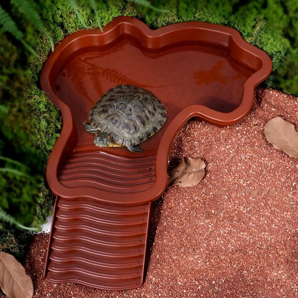 Reptile Bathing Pool Reptile Feeding Dish Water Bowl with Ramp Aquarium Ornament for Snake, Turtle, Bearded Dragon, Lizard Bath