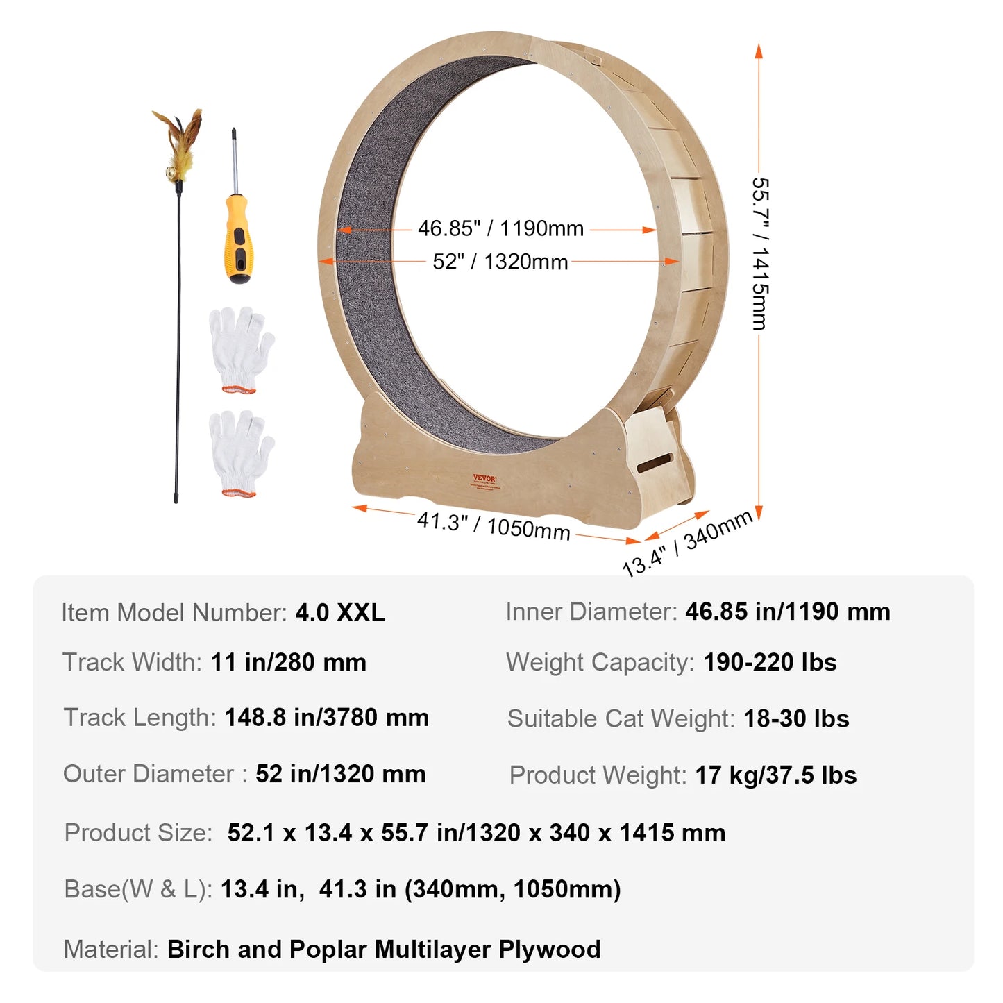 VEVOR Cat Exercise Wheel Natural Wood Treadmill with Detachable Carpet