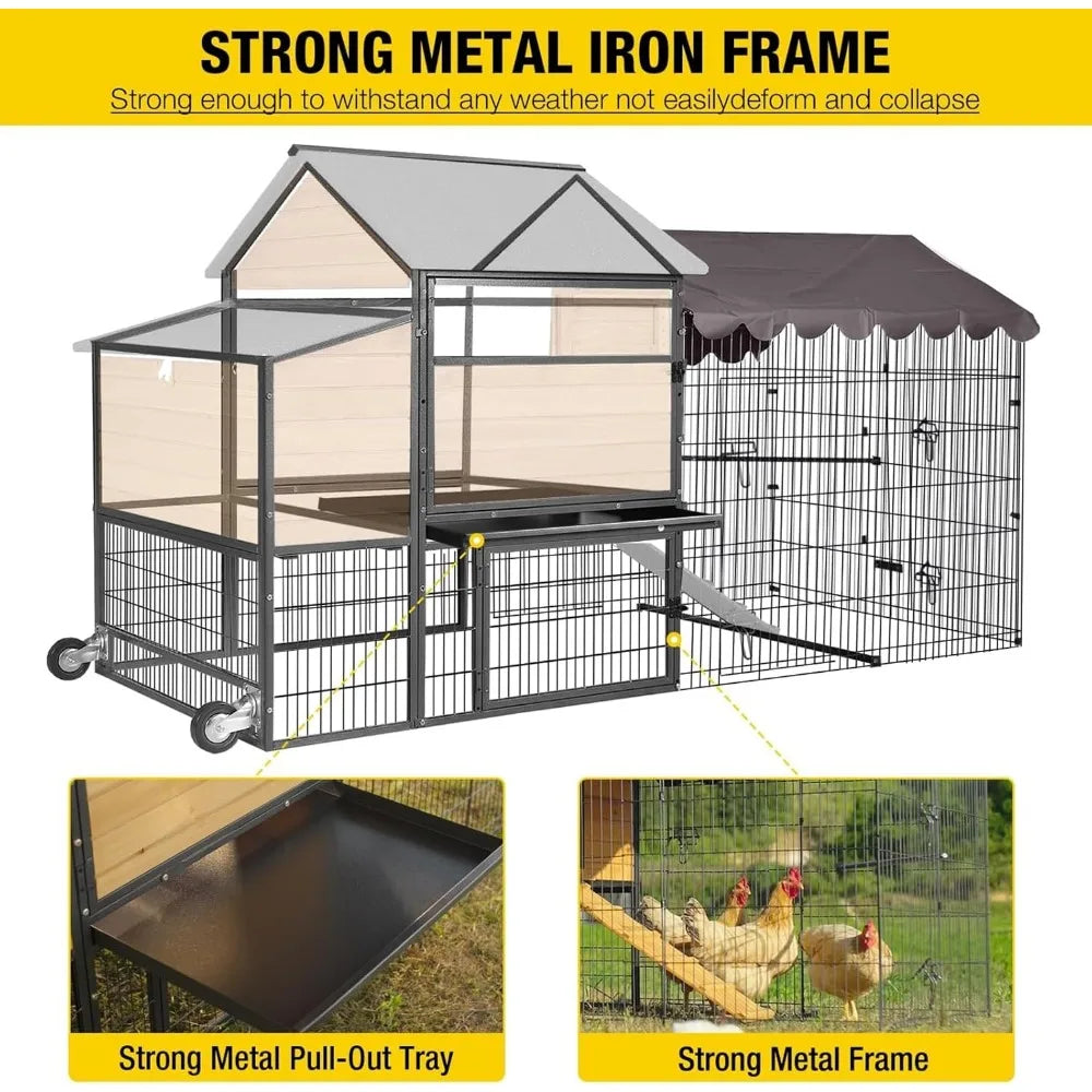 Chicken Coop 85" Super Large Mobile Chicken House with Strong Iron Frame Outdoor Poultry Cage with Nesting Box, Duck Coop,Water