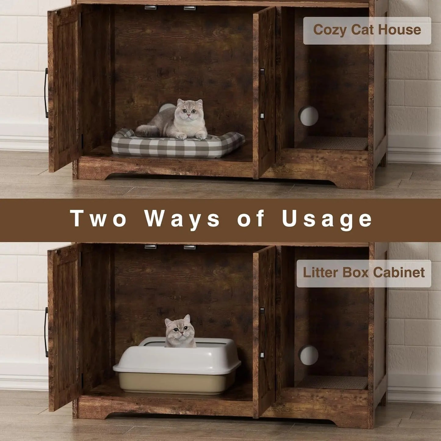 Vabches Wooden Cat Litter Box Enclosure with Scratch Pad and Storage Shelf