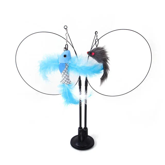 Funny Cat Toys Double Headed Suction Cup Cat Teaser Stick Removable Handheld Cat Interactive Toy Mouse Feather Bell Pet Supplies
