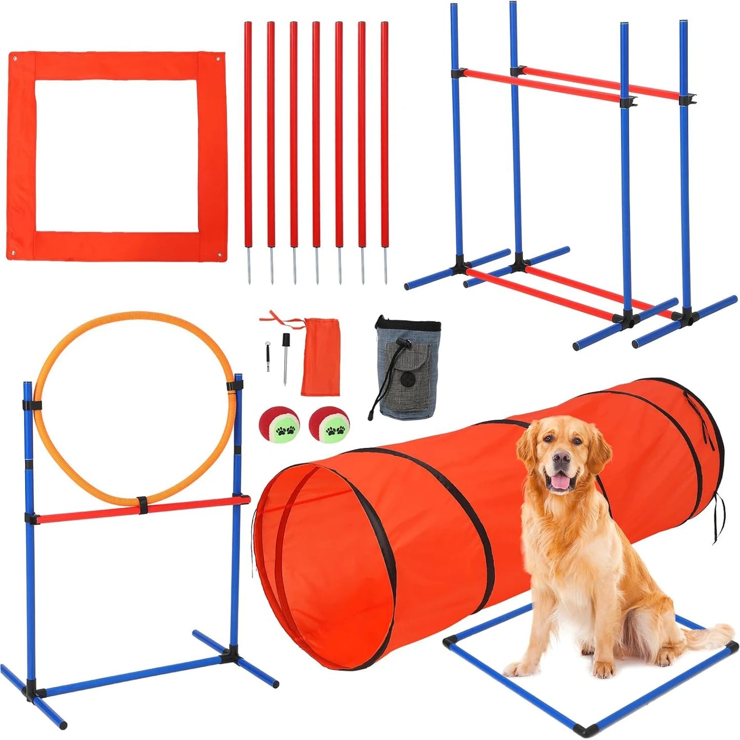87 Piece Dog Agility Training Equipment Set with Tunnel Hurdles and Weave Poles