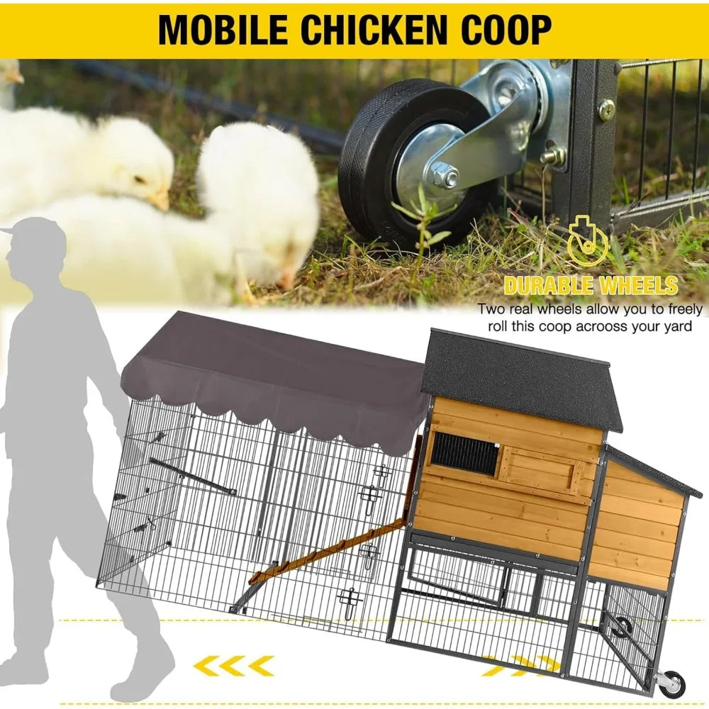 Chicken Coop 85" Super Large Mobile Chicken House with Strong Iron Frame Outdoor Poultry Cage with Nesting Box, Duck Coop,Water
