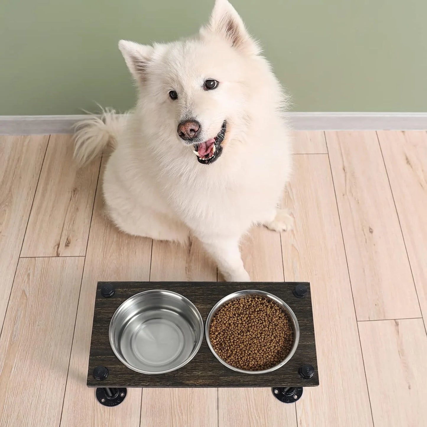 Raised Dog Bowl Stand with Stainless Bowls and Waterproof Wood Base for Large Dogs