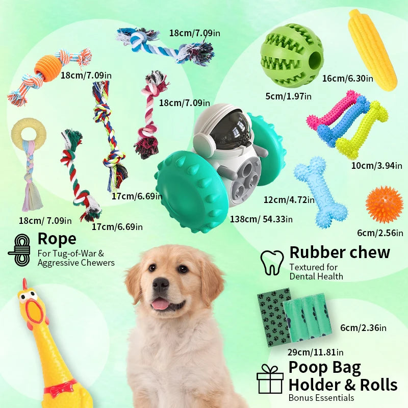 18 Piece Dog Toy Set with Squeaky Toys Ropes and Interactive Food Dispensers