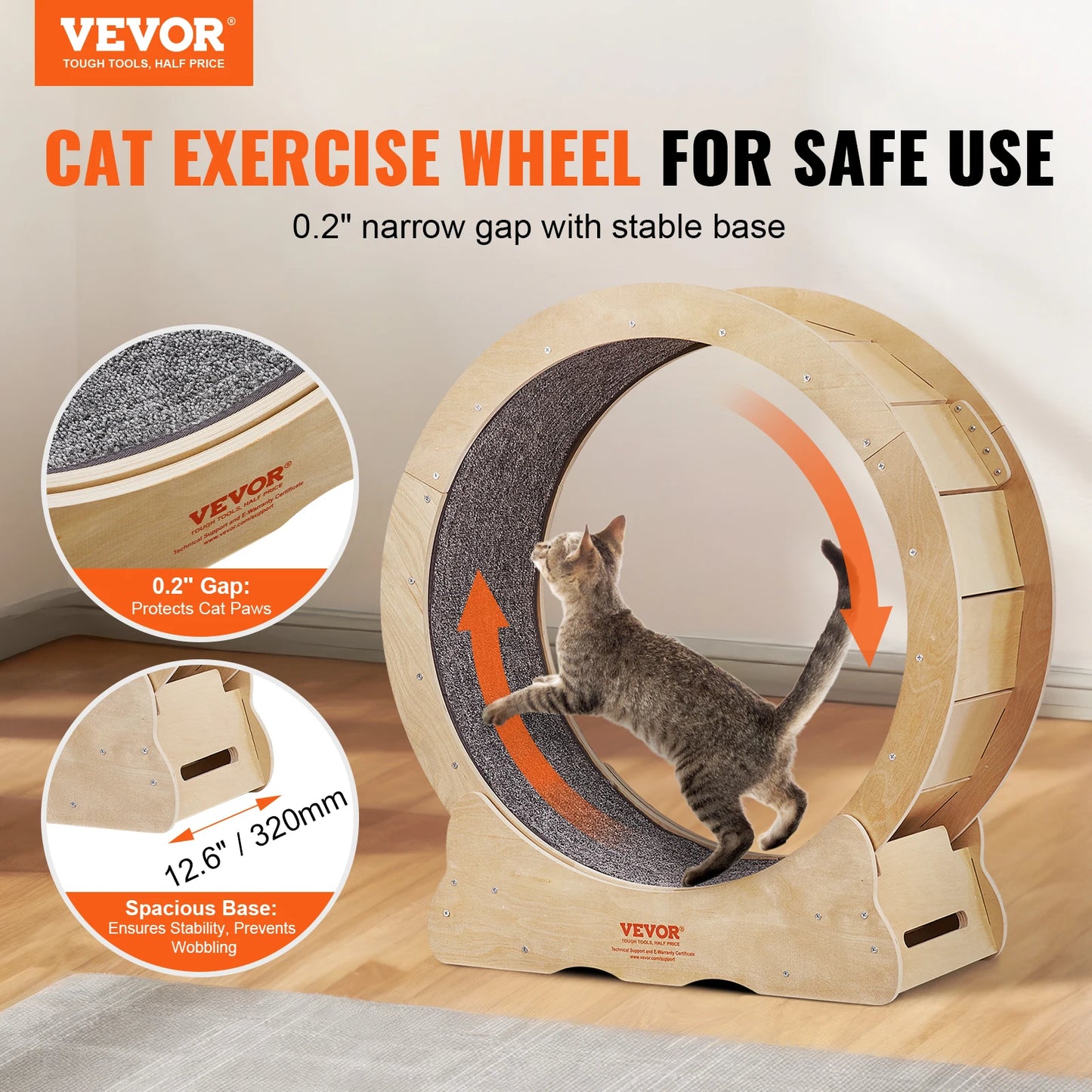 VEVOR Cat Exercise Wheel Natural Wood Treadmill with Detachable Carpet