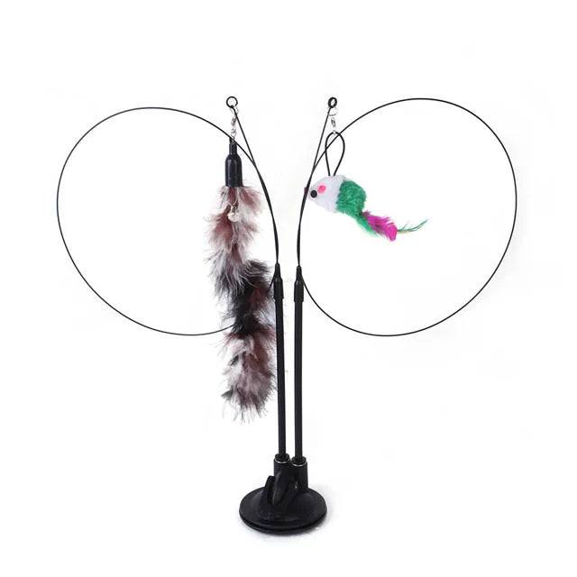 Funny Cat Toys Double Headed Suction Cup Cat Teaser Stick Removable Handheld Cat Interactive Toy Mouse Feather Bell Pet Supplies