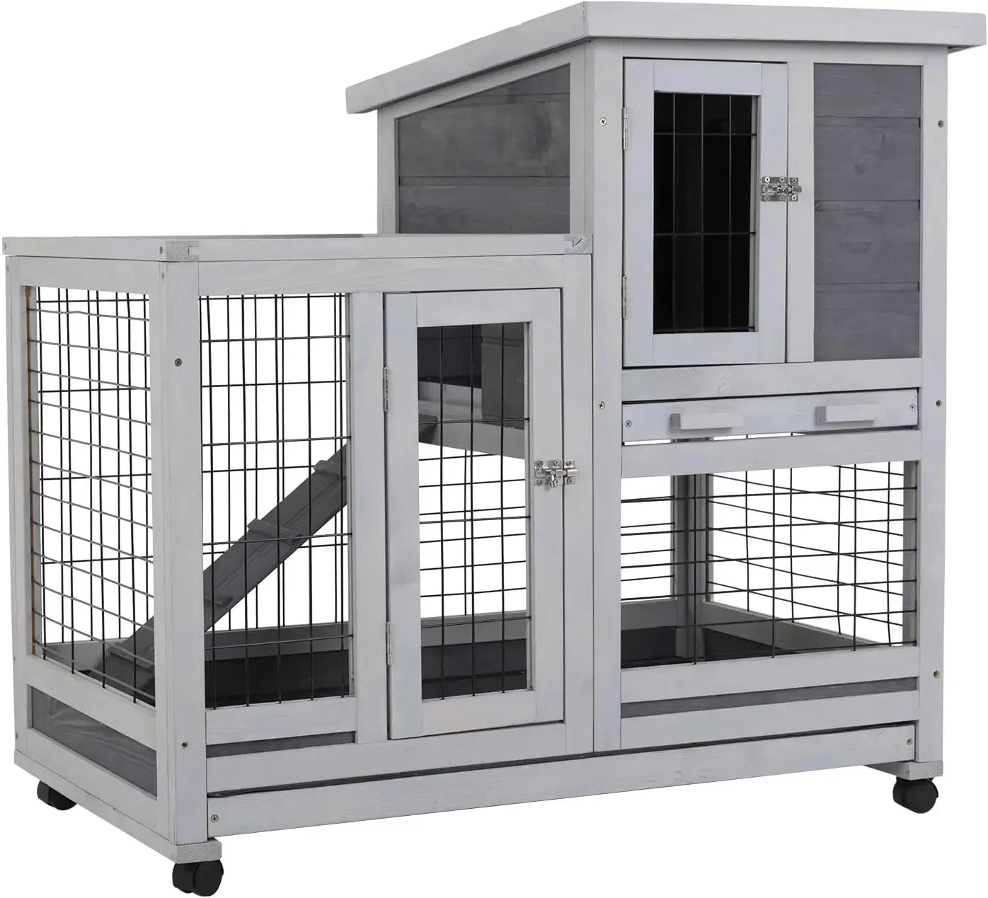 Wooden Rabbit Hutch Indoor Outdoor 37 Inch Cage with Wheels for Easy Mobility