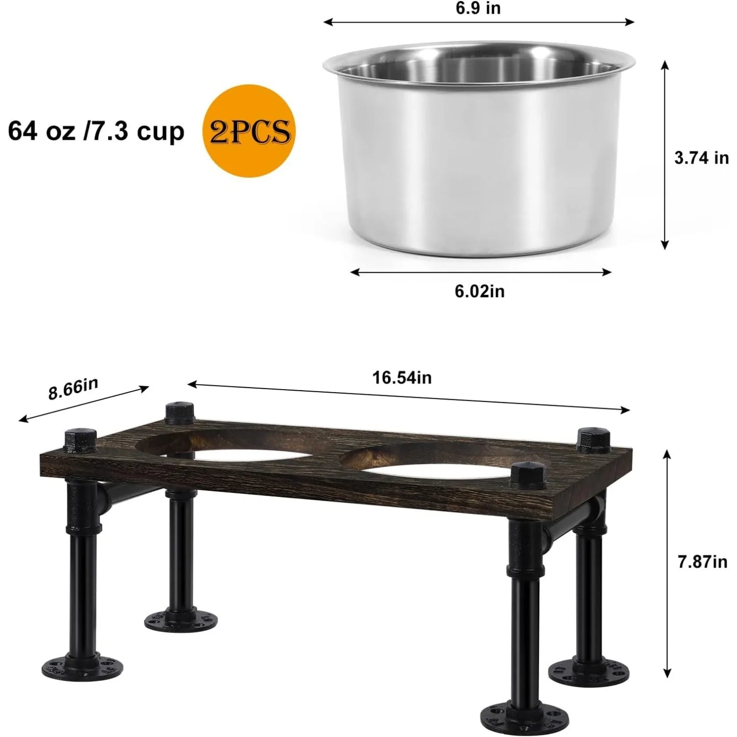 Raised Dog Bowl Stand with Stainless Bowls and Waterproof Wood Base for Large Dogs