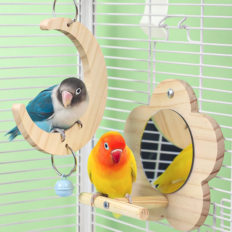 Bird Mirror Wooden Interactive Play Toy With Perch For Small Parrots And Budgies