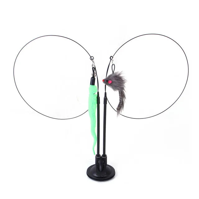 Funny Cat Toys Double Headed Suction Cup Cat Teaser Stick Removable Handheld Cat Interactive Toy Mouse Feather Bell Pet Supplies