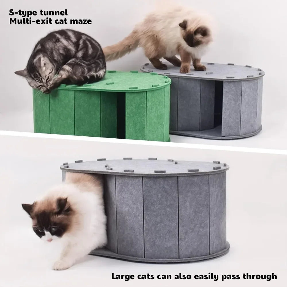 Cat Tunnel Bed for Indoor Cats - Peekaboo Cat Cave with S-Shaped Maze, Multi-Exit Felt Scratching Tunnel & Cozy Hideaway,