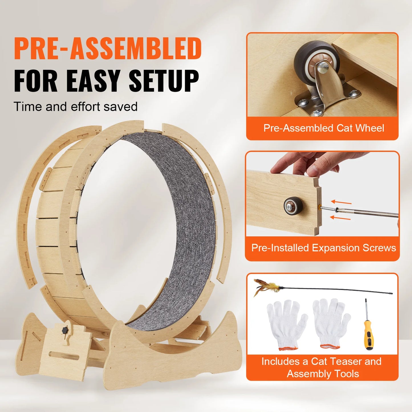 VEVOR Cat Exercise Wheel Natural Wood Treadmill with Detachable Carpet