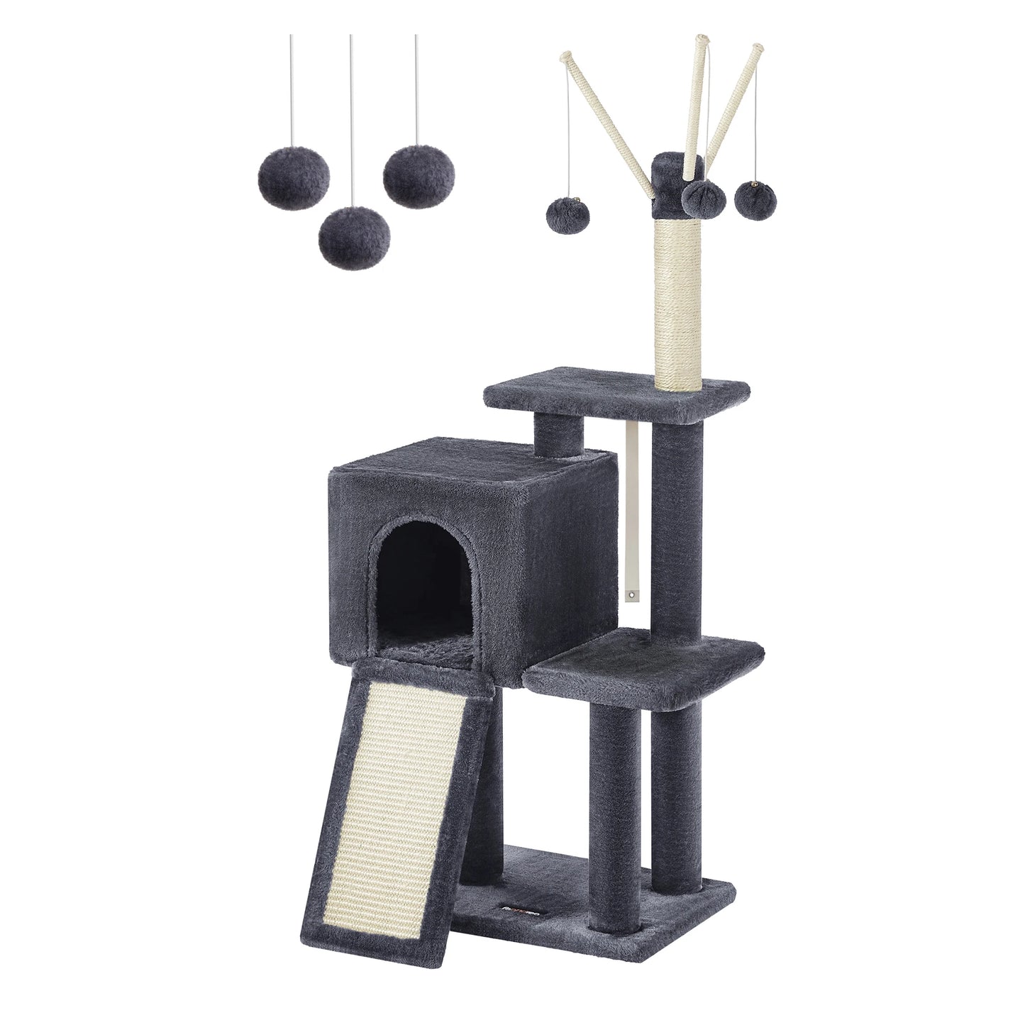 Feandrea 46.5 Inch Cat Tree Multi Level Plush Condo with Scratching Post and Ramp