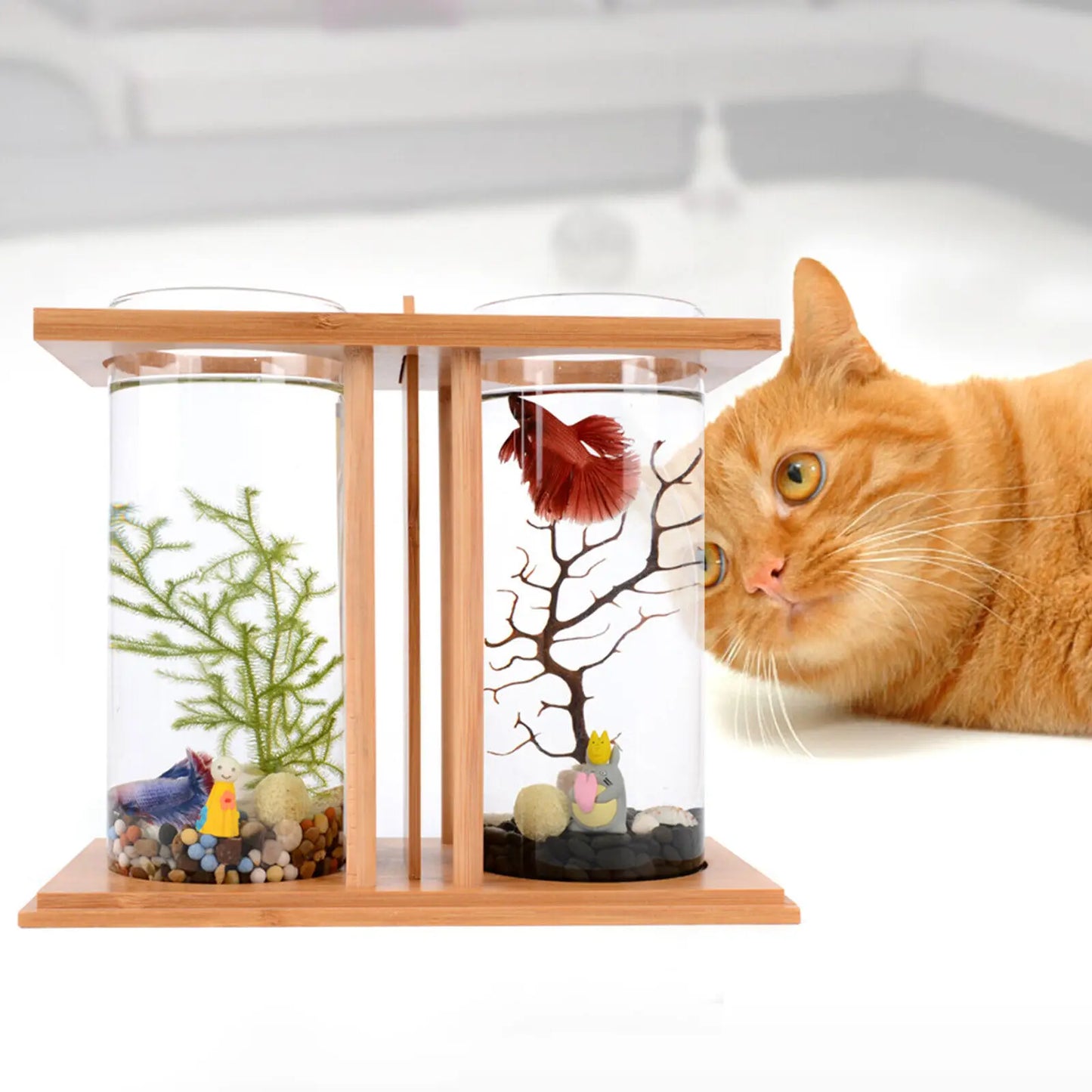 Mini Glass Betta Fish Tank with Bamboo Base for Stylish Desktop Decor