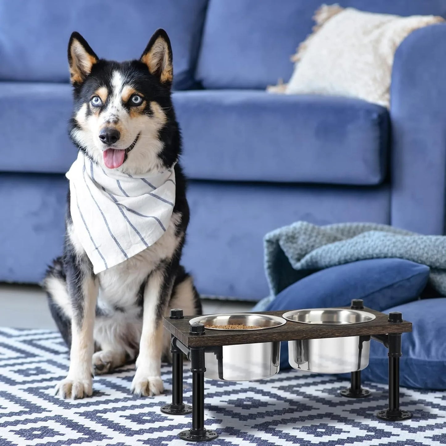 Raised Dog Bowl Stand with Stainless Bowls and Waterproof Wood Base for Large Dogs