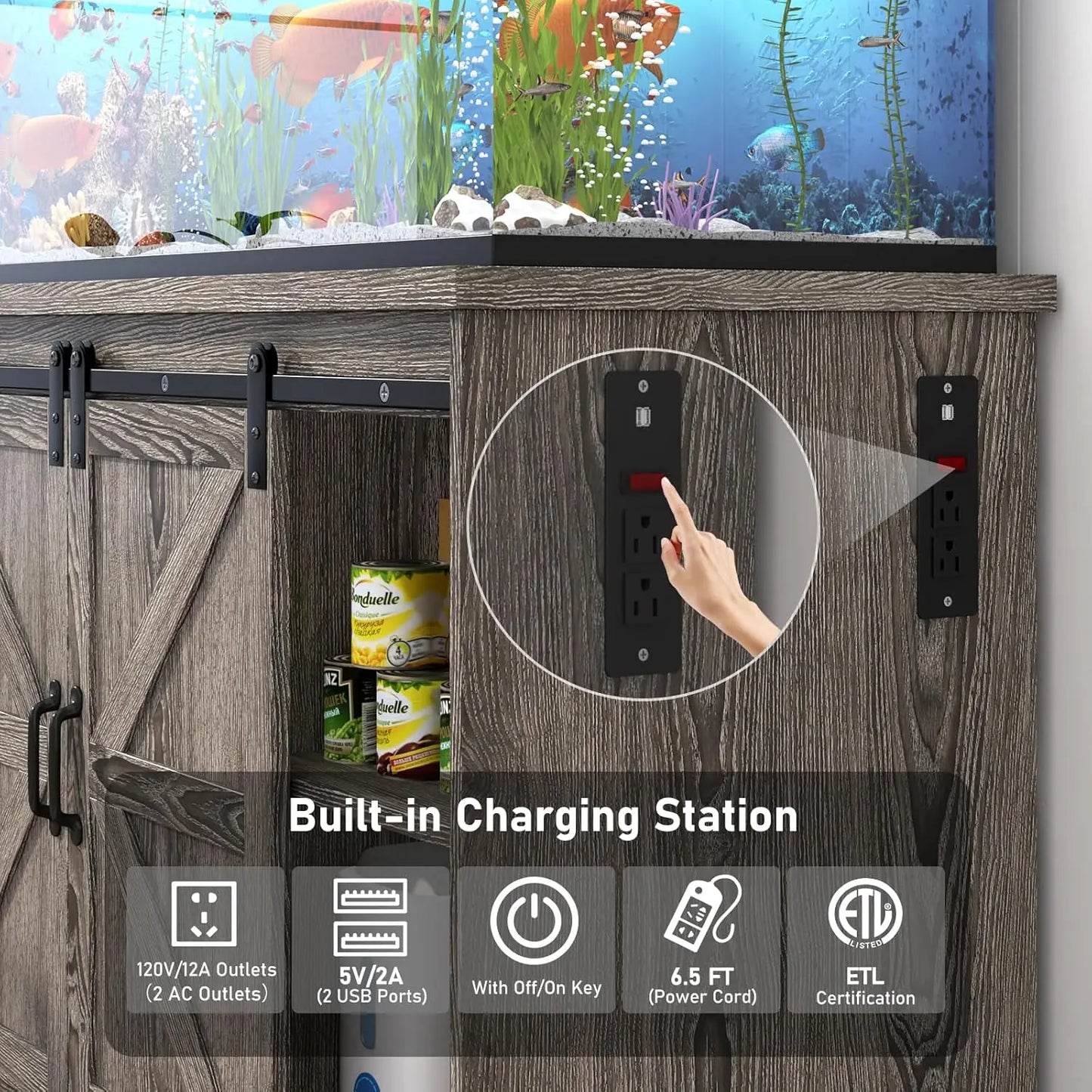 Farmhouse 55-75 Gallon Fish Tank Stand with Power Outlet and Sliding Barn Door