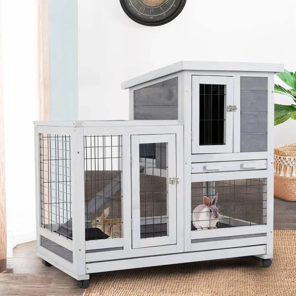 Wooden Rabbit Hutch Indoor Outdoor 37 Inch Cage with Wheels for Easy Mobility