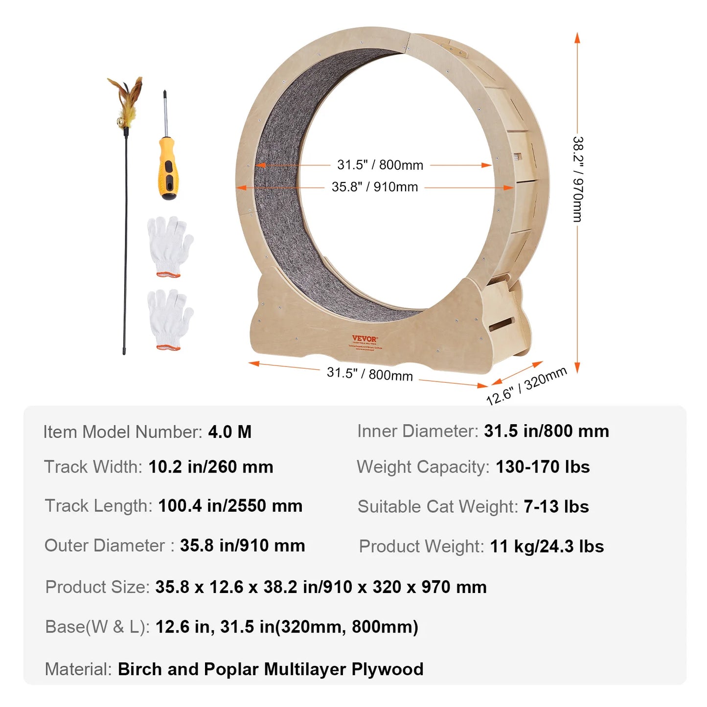 VEVOR Cat Exercise Wheel Natural Wood Treadmill with Detachable Carpet
