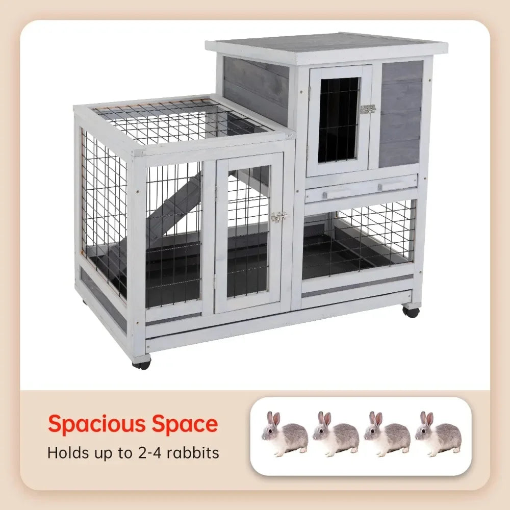 Wooden Rabbit Hutch Indoor Outdoor 37 Inch Cage with Wheels for Easy Mobility