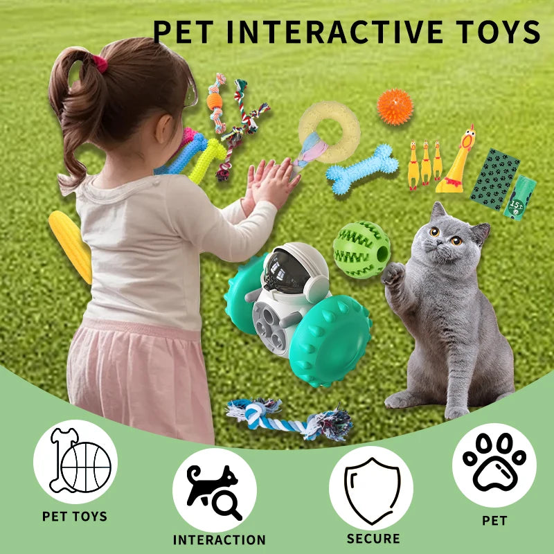 18 Piece Dog Toy Set with Squeaky Toys Ropes and Interactive Food Dispensers