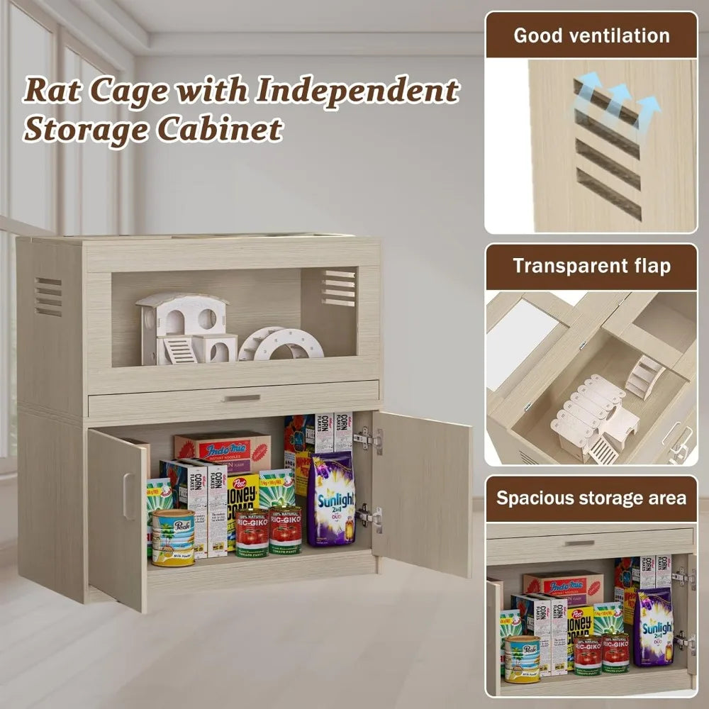 Hamster Cage With Independent Storage Cabinet, Wooden Enclosure for Guinea Pigs, Rats, Hedgehogs - Acrylic Windows, Teak