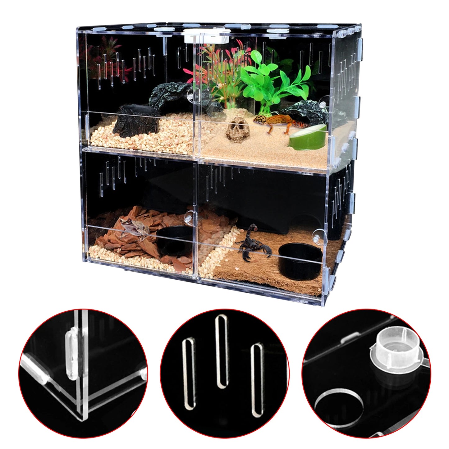 Acrylic Pet Breeding Box for Reptiles and Insects with 4 Grids