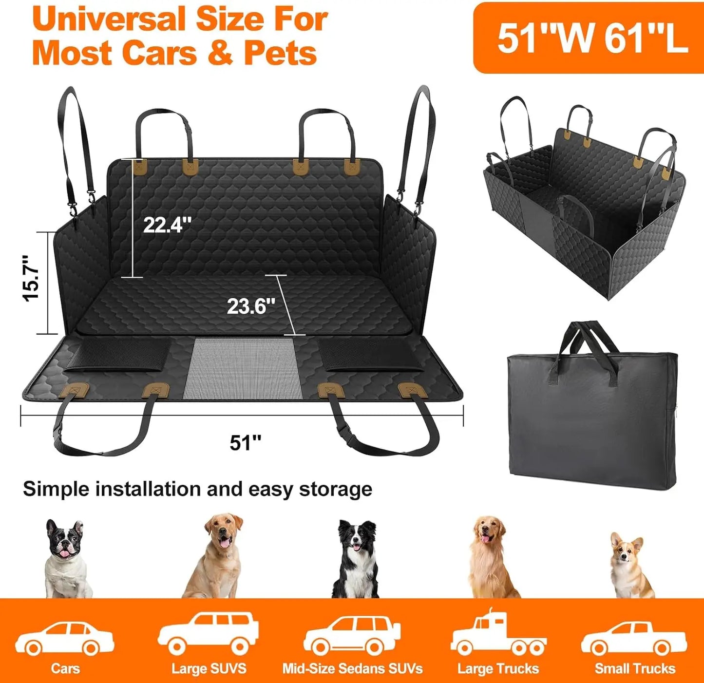 Waterproof Foldable Dog Car Seat Hammock Rear Seat Protector for Pets