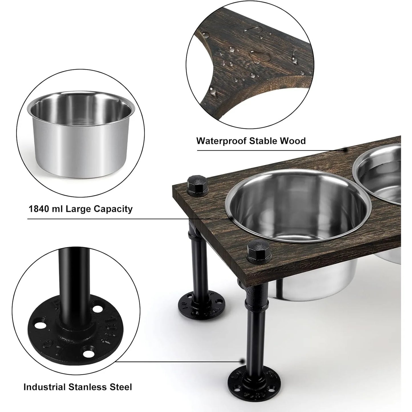 Raised Dog Bowl Stand with Stainless Bowls and Waterproof Wood Base for Large Dogs