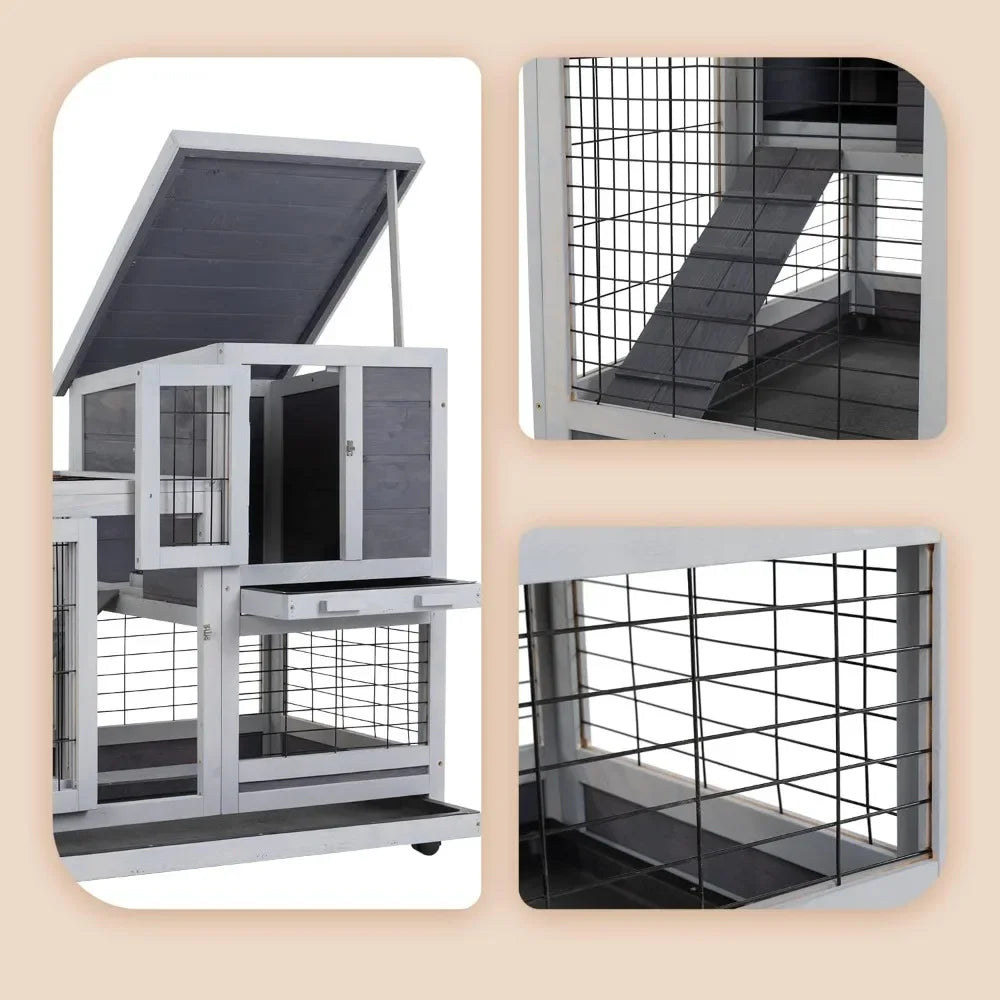 Wooden Rabbit Hutch Indoor Outdoor 37 Inch Cage with Wheels for Easy Mobility
