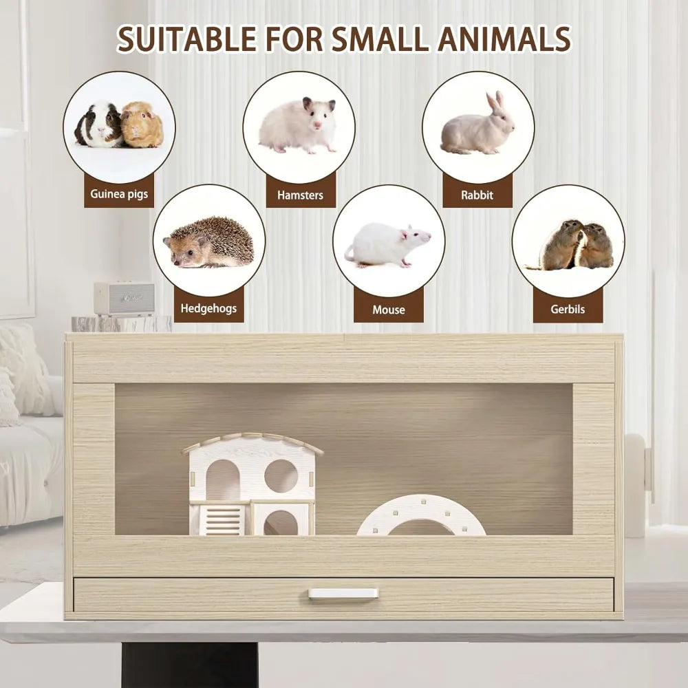 Hamster Cage With Independent Storage Cabinet, Wooden Enclosure for Guinea Pigs, Rats, Hedgehogs - Acrylic Windows, Teak