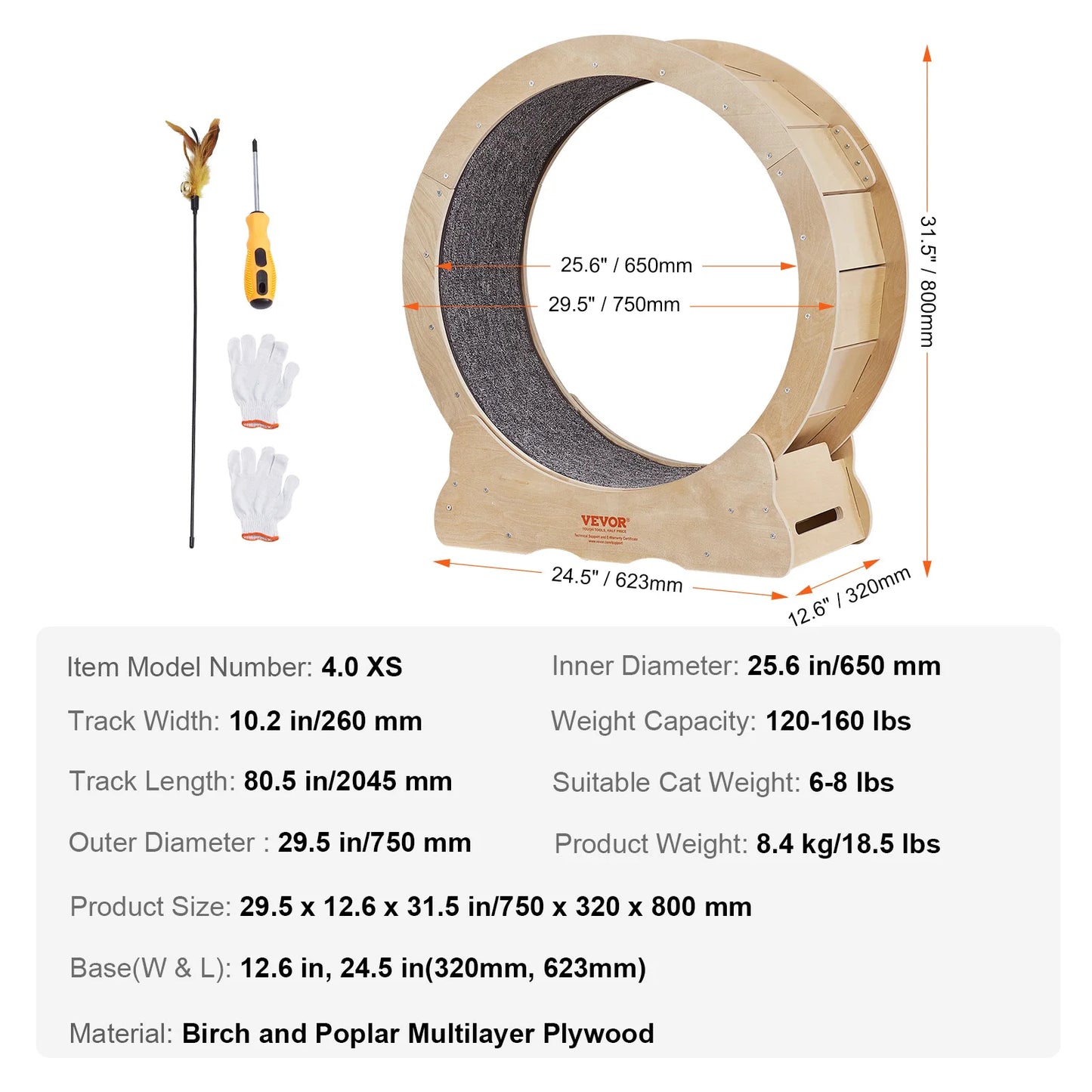 VEVOR Cat Exercise Wheel Natural Wood Treadmill with Detachable Carpet