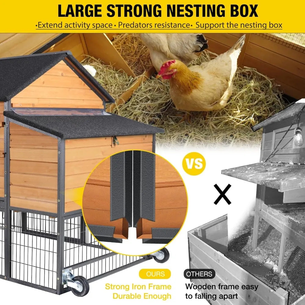 Chicken Coop 85" Super Large Mobile Chicken House with Strong Iron Frame Outdoor Poultry Cage with Nesting Box, Duck Coop,Water