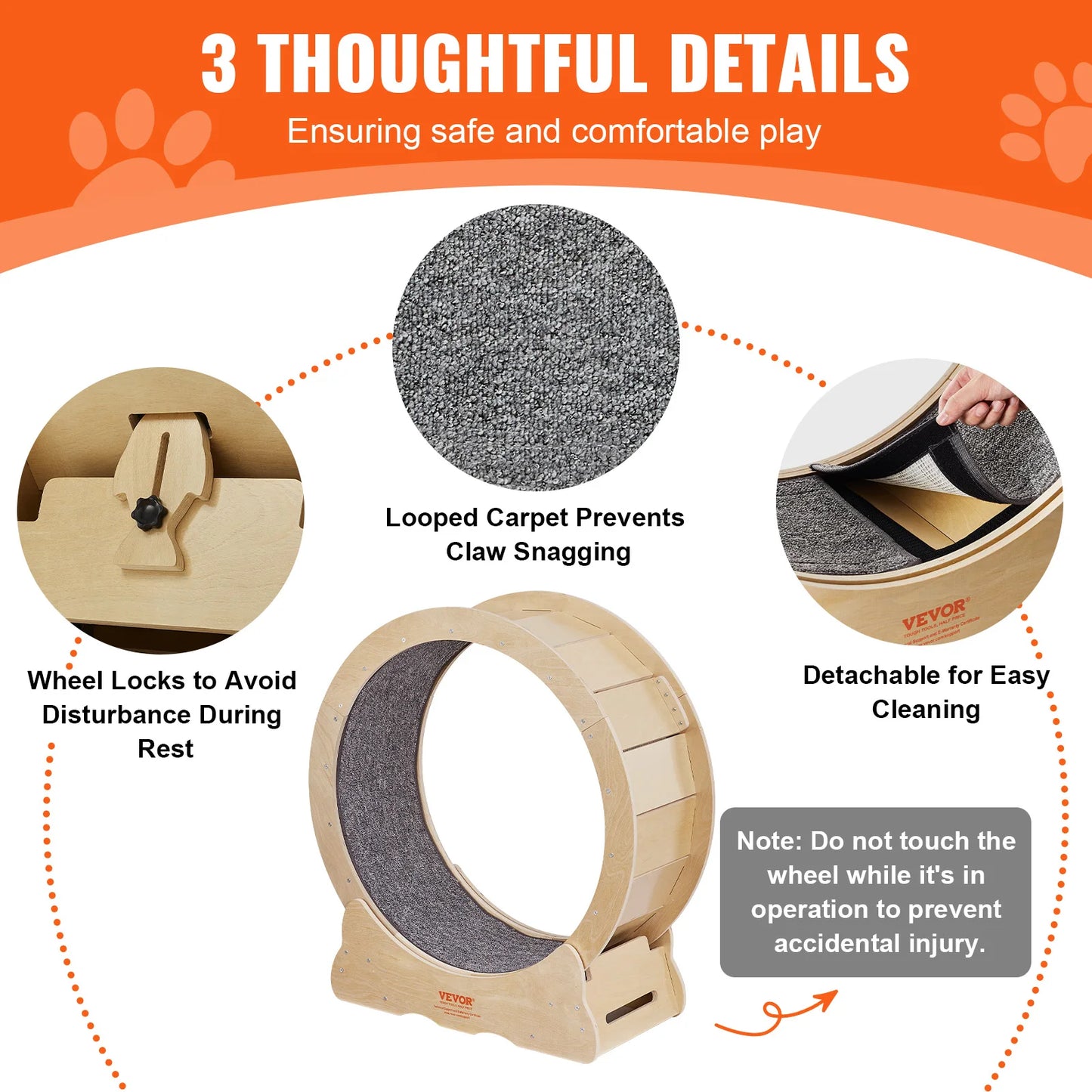 VEVOR Cat Exercise Wheel Natural Wood Treadmill with Detachable Carpet