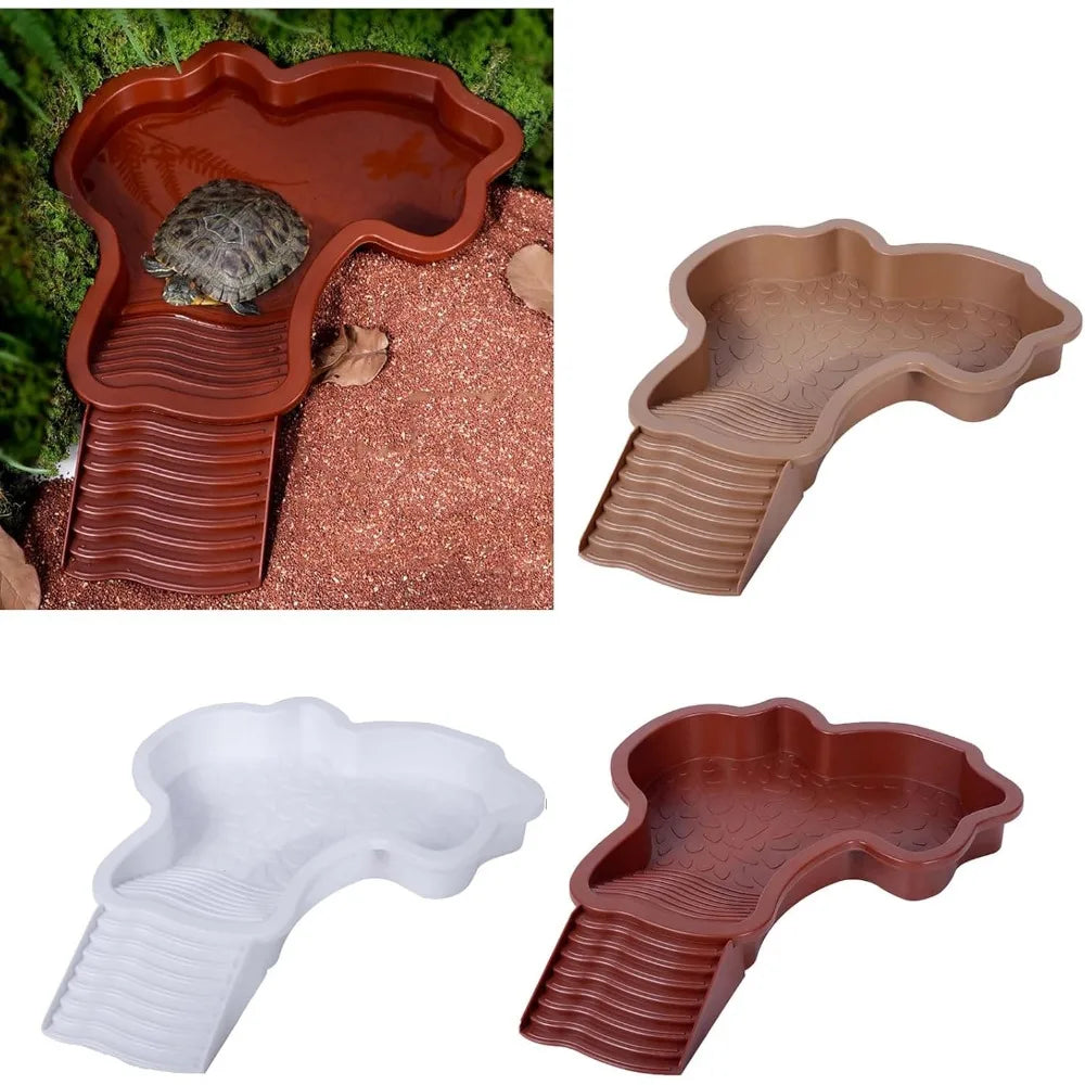 Reptile Bathing Pool Reptile Feeding Dish Water Bowl with Ramp Aquarium Ornament for Snake, Turtle, Bearded Dragon, Lizard Bath
