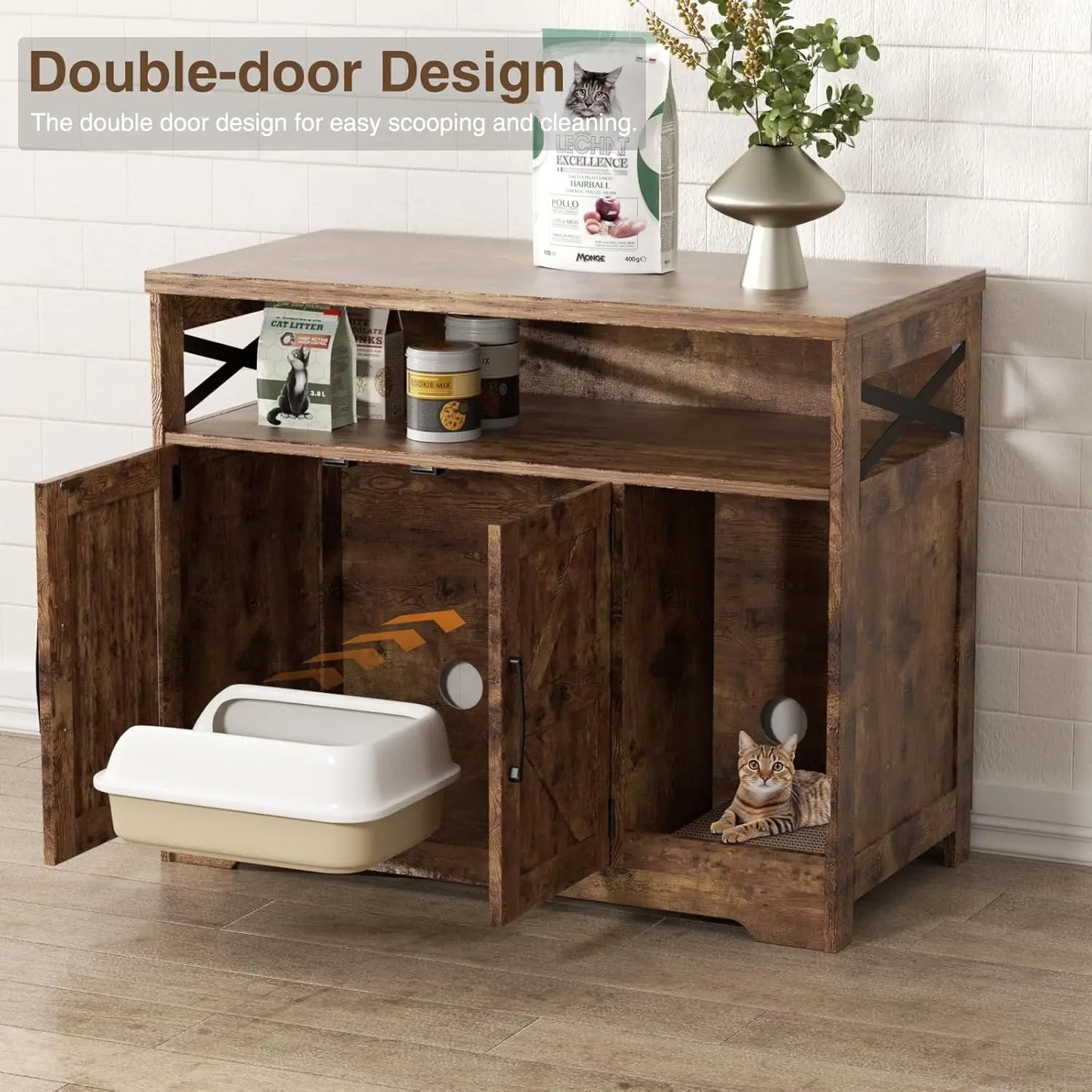 Vabches Wooden Cat Litter Box Enclosure with Scratch Pad and Storage Shelf