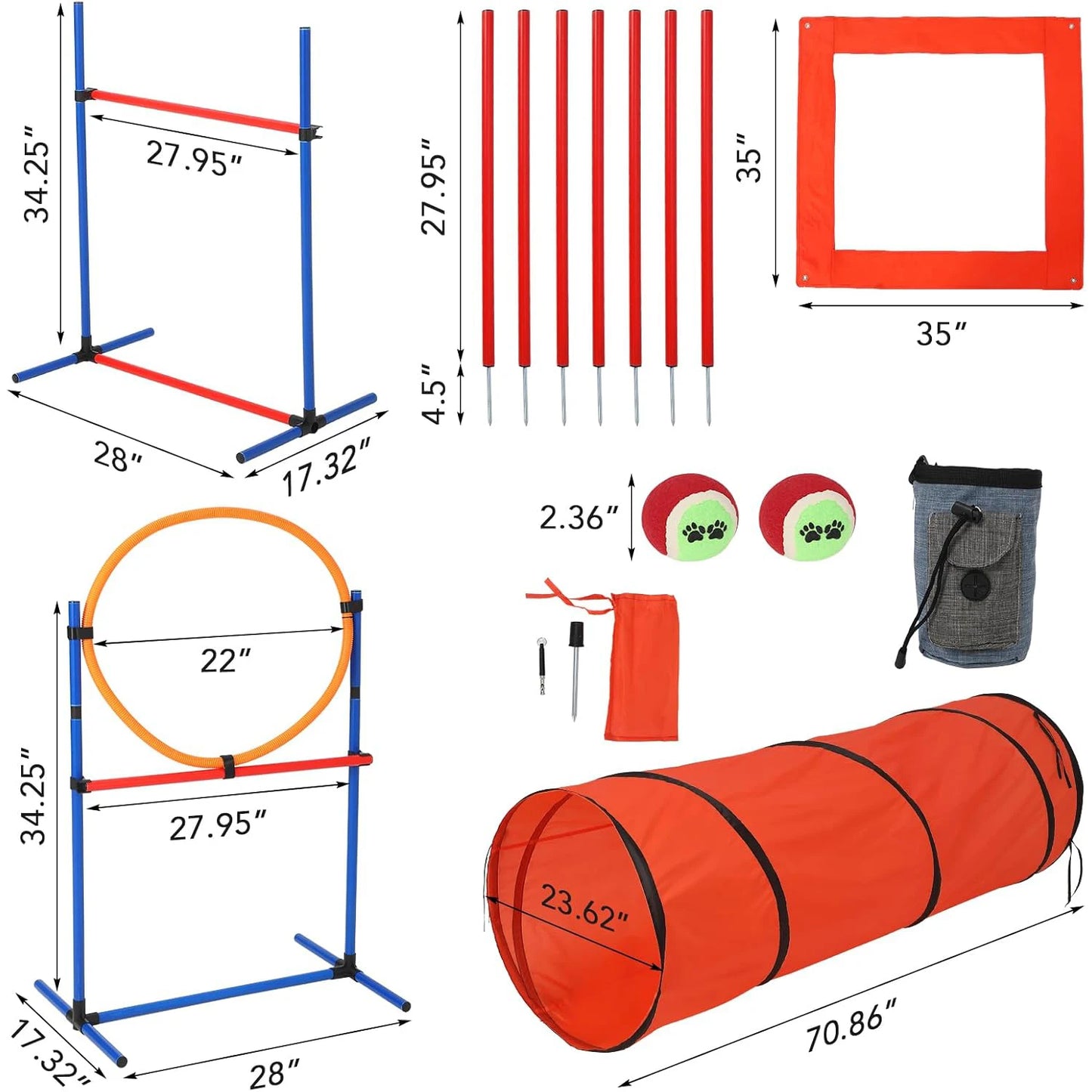 87 Piece Dog Agility Training Equipment Set with Tunnel Hurdles and Weave Poles