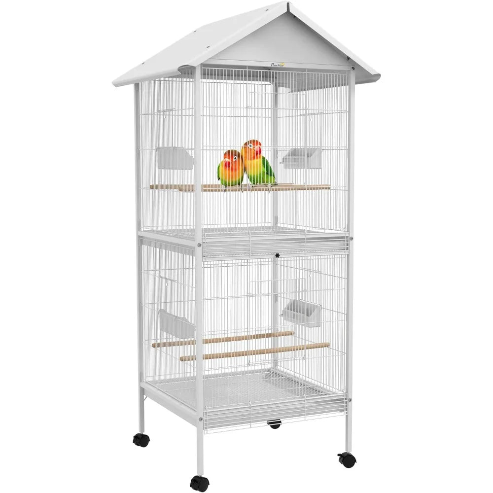 Wrought Iron Bird Cage Feeder with Rolling Stand and Large Front Doors
