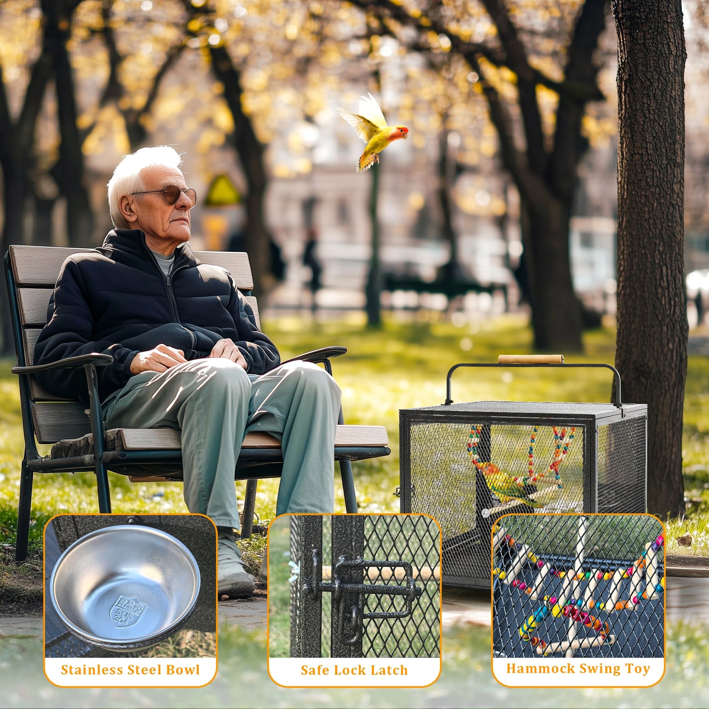 56cm Tall Metal Bird Cage Playpen with Hammock Toy and Perch, Removable Tray, Bowl for Parrot Parakeet Travel Carrier Cage