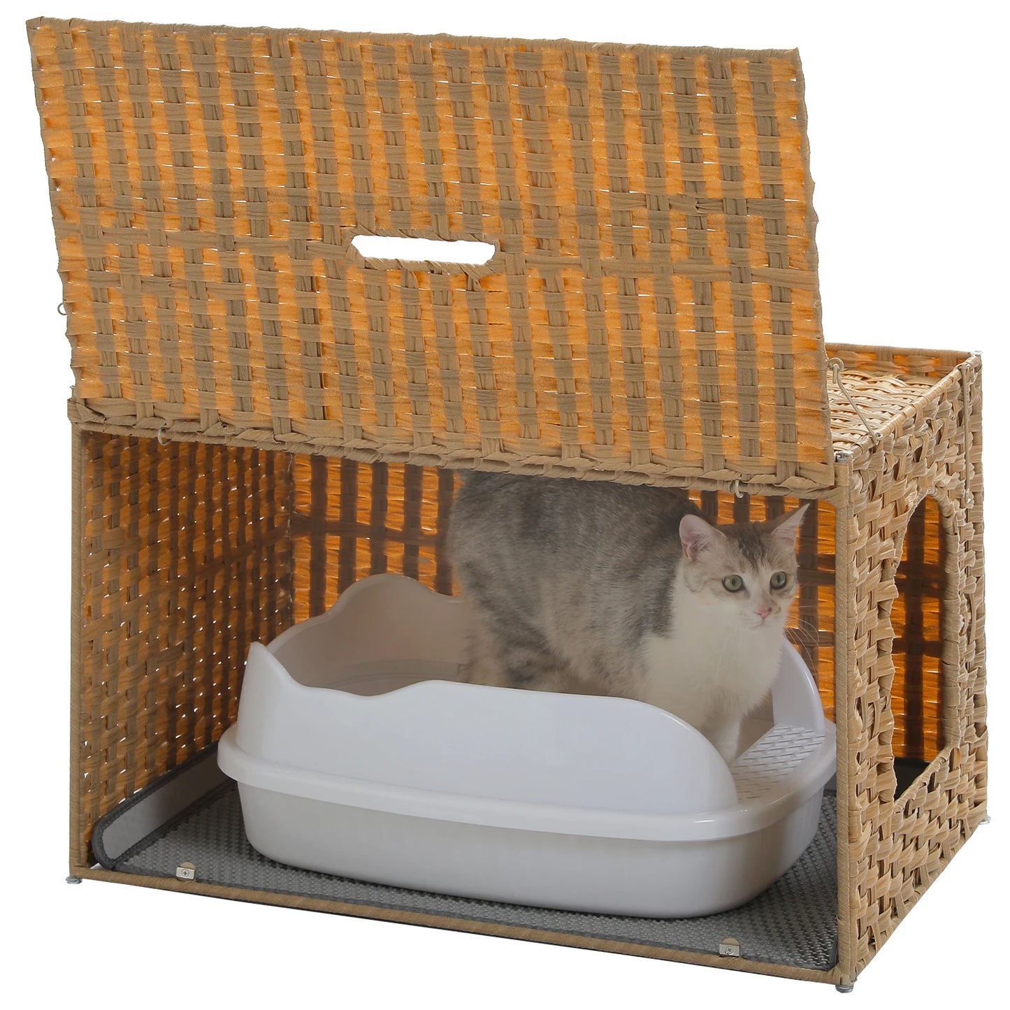 Rattan Cat Litter Box Enclosure With Taller Doorway And Flip Up Design