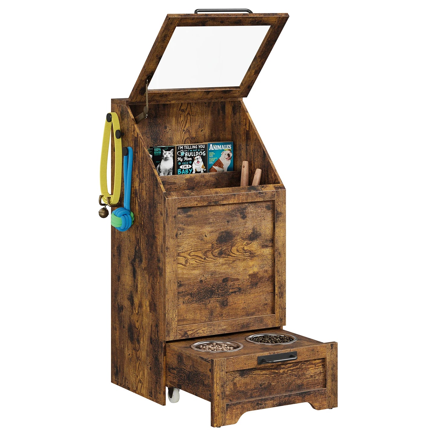 Elevated Dog Feeding Station With Dual Bowls Flip Top Cabinet And Toy Organizer