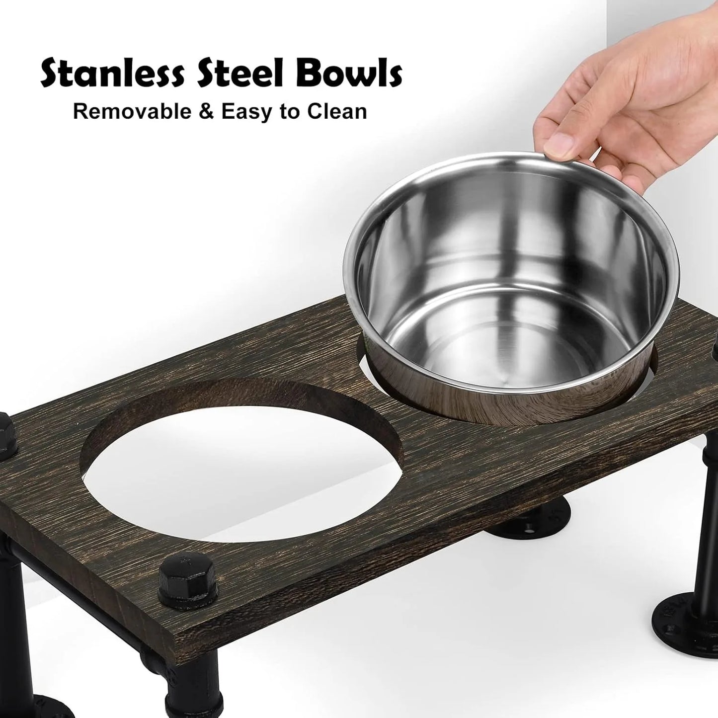 Raised Dog Bowl Stand with Stainless Bowls and Waterproof Wood Base for Large Dogs