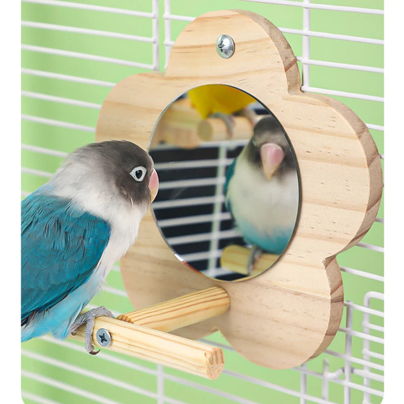 Bird Mirror Wooden Interactive Play Toy With Perch For Small Parrots And Budgies