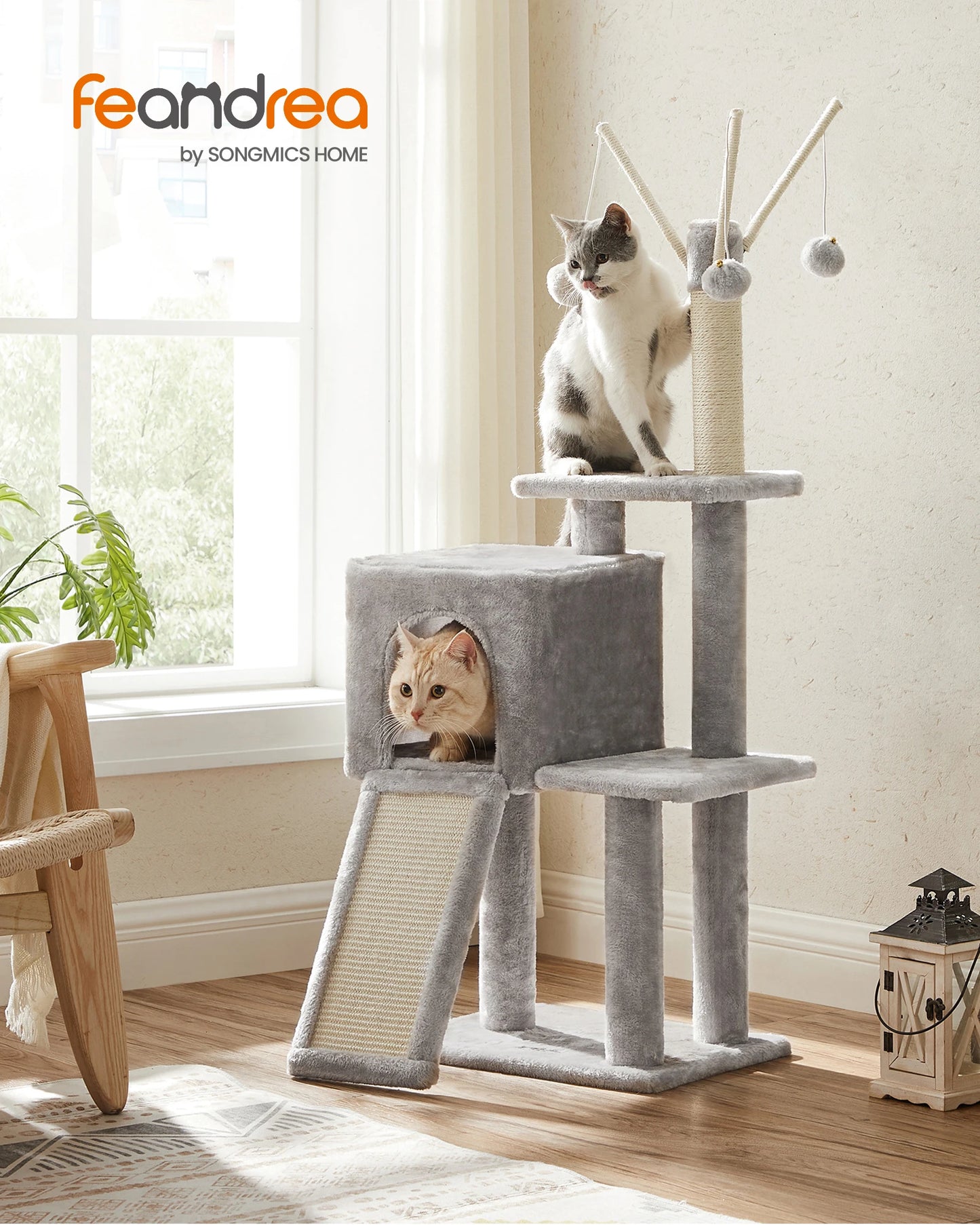 Feandrea 46.5 Inch Cat Tree Multi Level Plush Condo with Scratching Post and Ramp