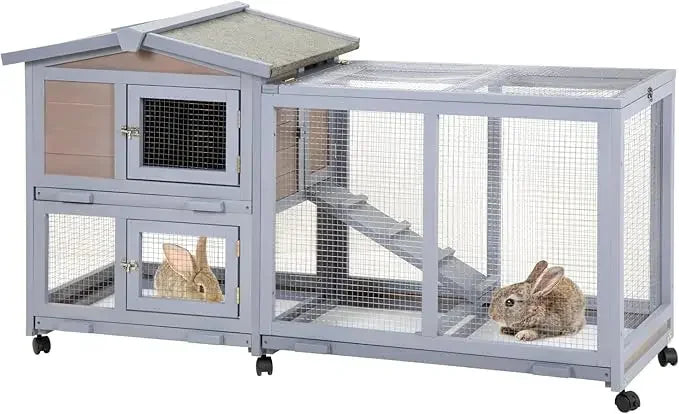 Wooden Rabbit Hutch Indoor Outdoor 37 Inch Cage with Wheels for Easy Mobility