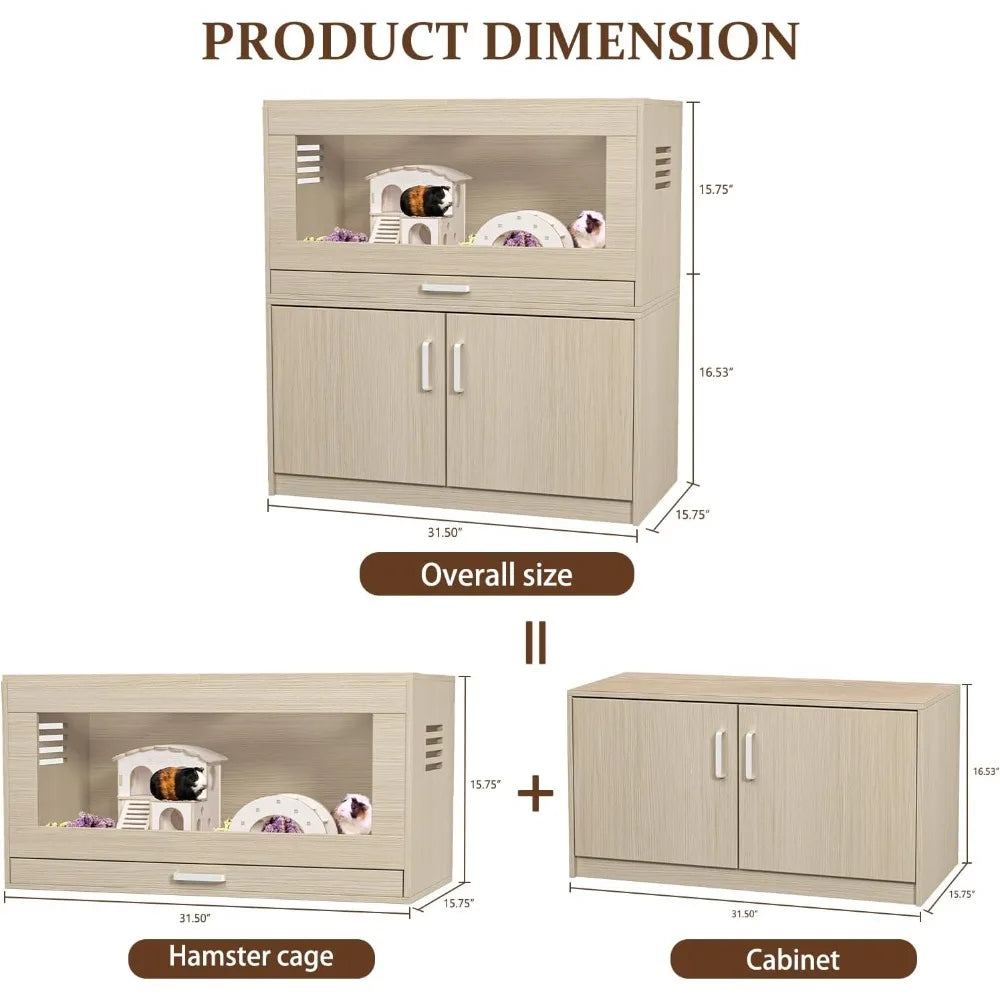 Hamster Cage With Independent Storage Cabinet, Wooden Enclosure for Guinea Pigs, Rats, Hedgehogs - Acrylic Windows, Teak