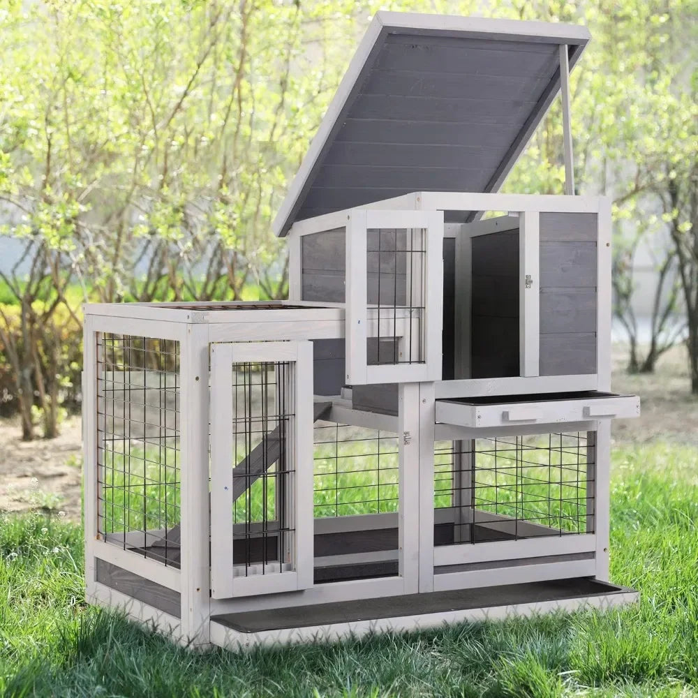 Wooden Rabbit Hutch Indoor Outdoor 37 Inch Cage with Wheels for Easy Mobility