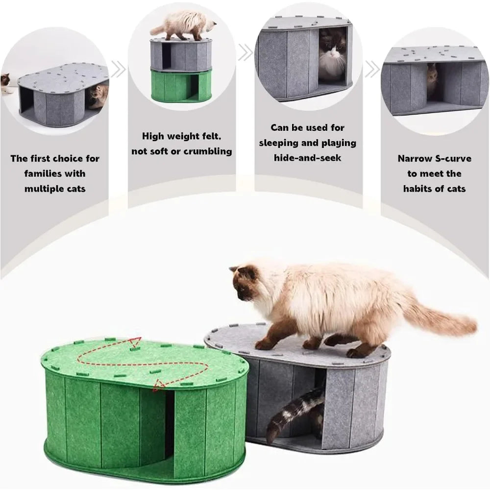 Cat Tunnel Bed for Indoor Cats - Peekaboo Cat Cave with S-Shaped Maze, Multi-Exit Felt Scratching Tunnel & Cozy Hideaway,