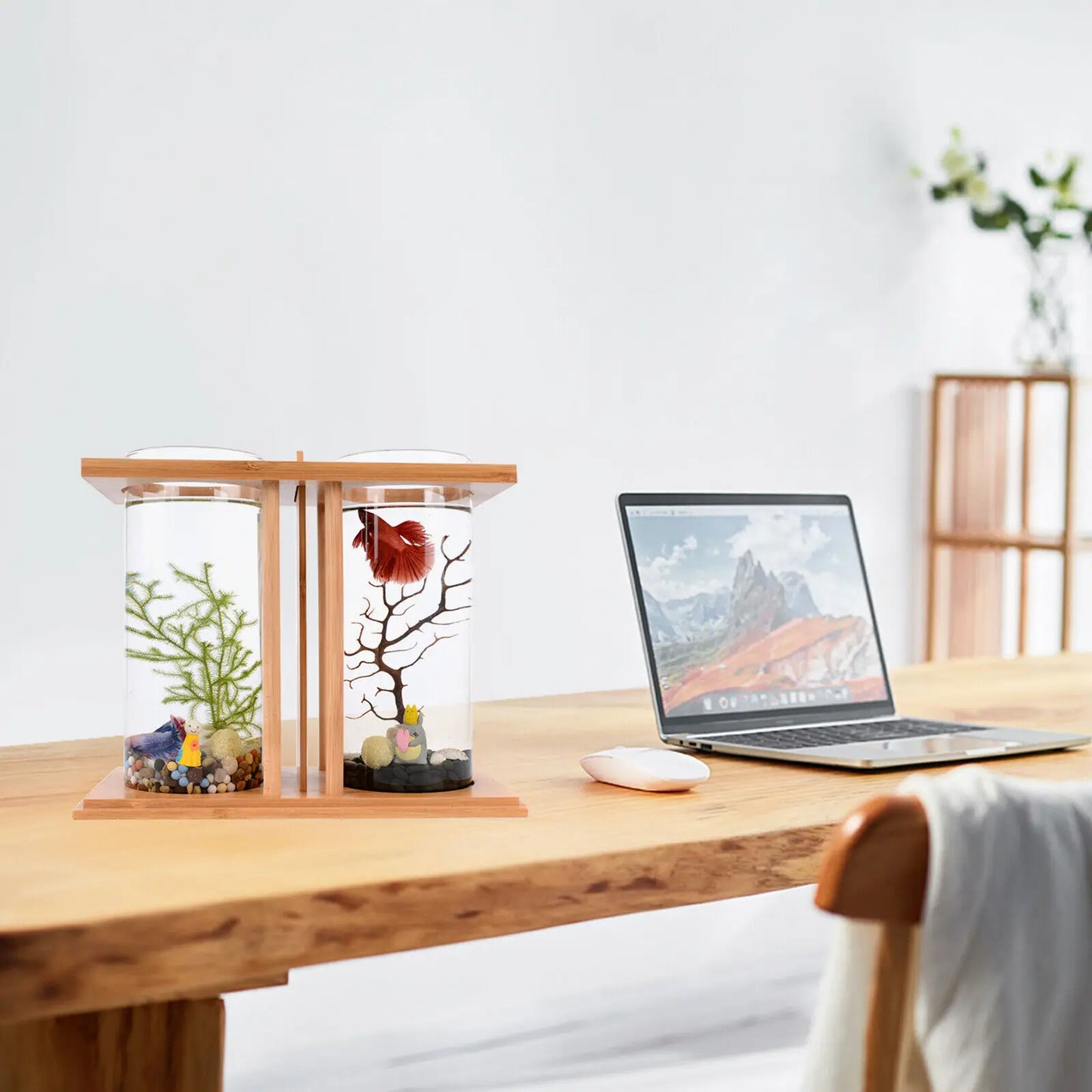 Mini Glass Betta Fish Tank with Bamboo Base for Stylish Desktop Decor